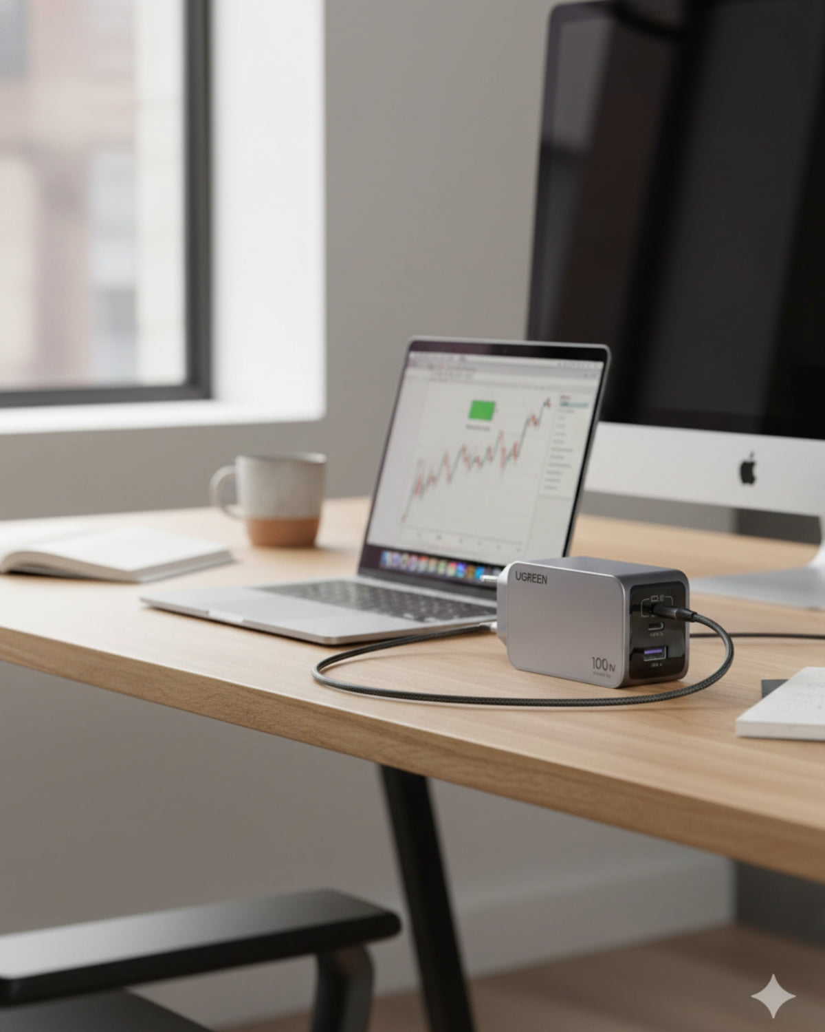 Încărcător 3 în 1, 100W, 2 USB-C, 1 USB A, iPhone, Android, Tabletă, Laptop - Ugreen Nexode Pro 100W GaN Fast Charger + Cablu 1.5 metri USB-C la USB-C