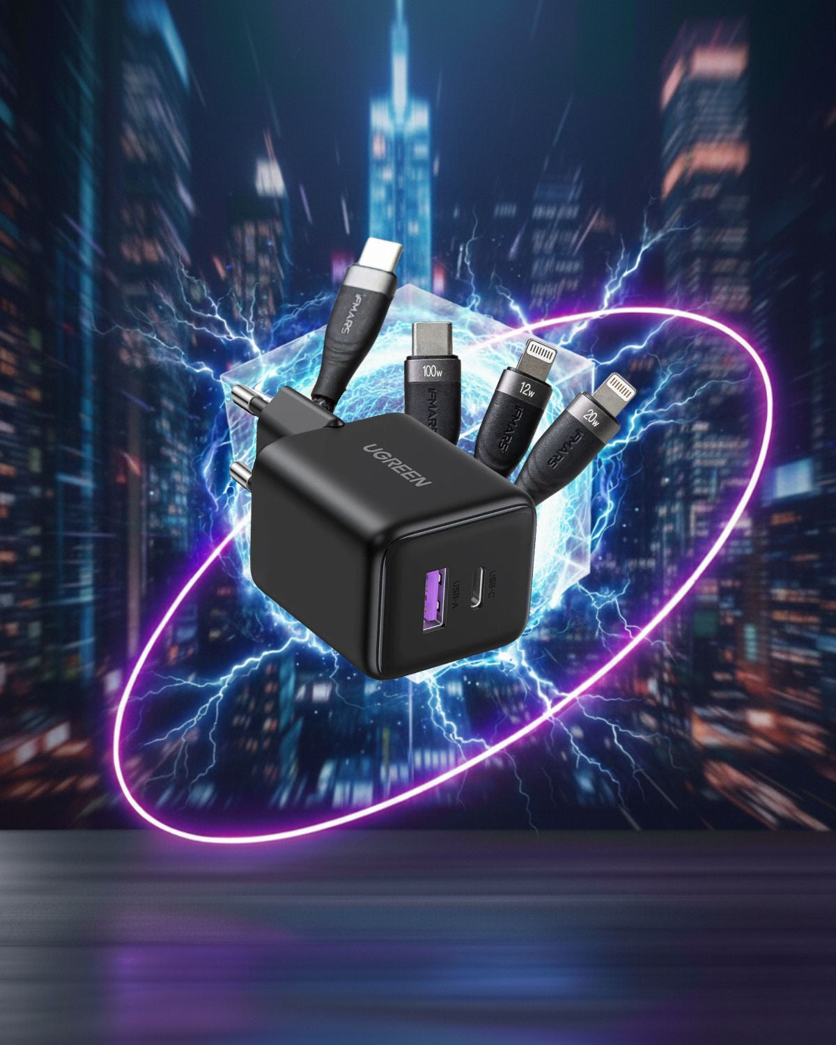 Pachet Încărcător 30W Ugreen + Cablu de Încărcare 3 în 1, USB-C la USB-C, 2 x Lightning, 2 Metri