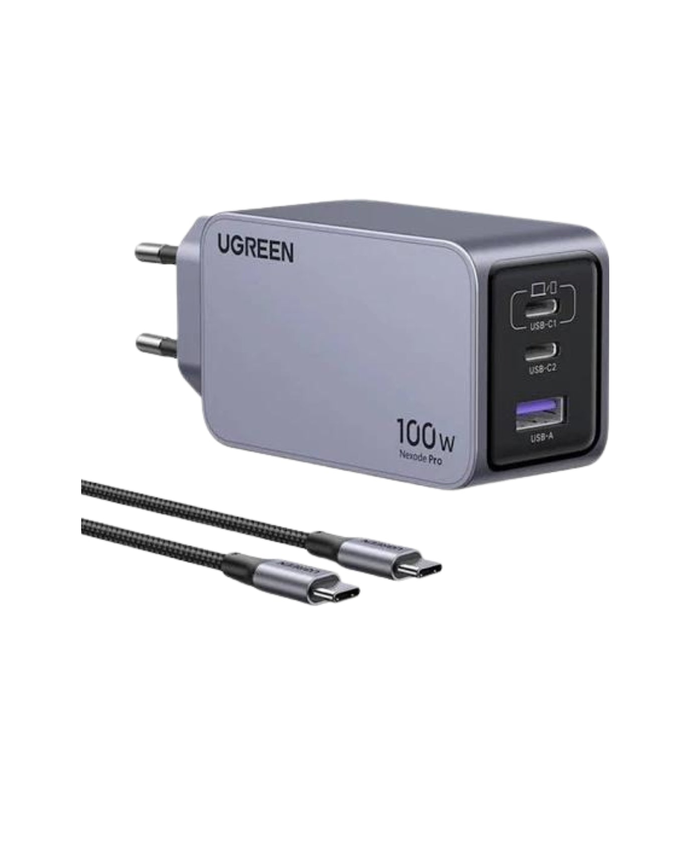Încărcător 3 în 1, 100W, 2 USB-C, 1 USB A, iPhone, Android, Tabletă, Laptop - Ugreen Nexode Pro 100W GaN Fast Charger + Cablu 1.5 metri USB-C la USB-C