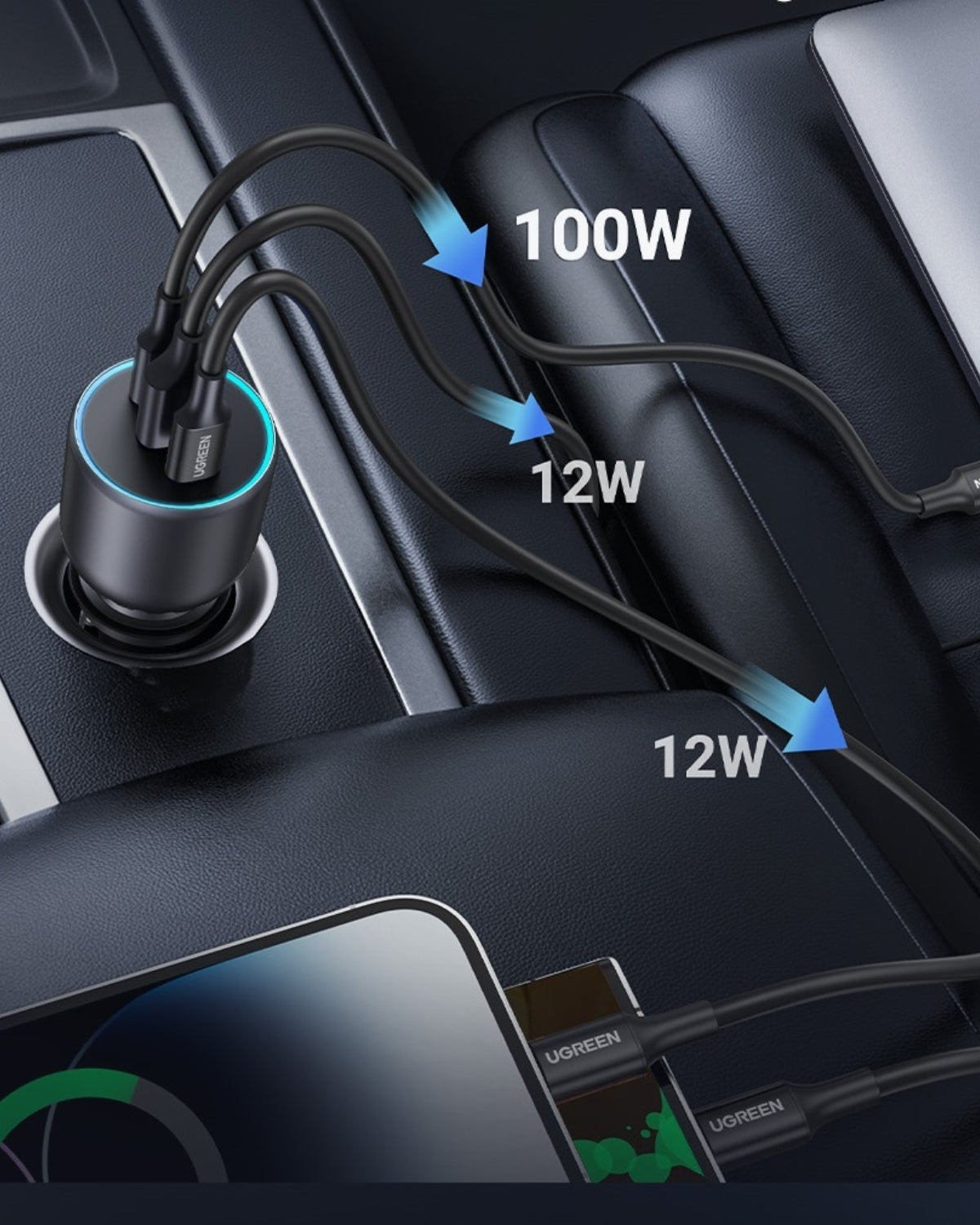 Încărcător Dual USB-C + USB, iPhone, Android, Tabletă, Laptop - Mașină Ugreen 130W 3-Port Fast