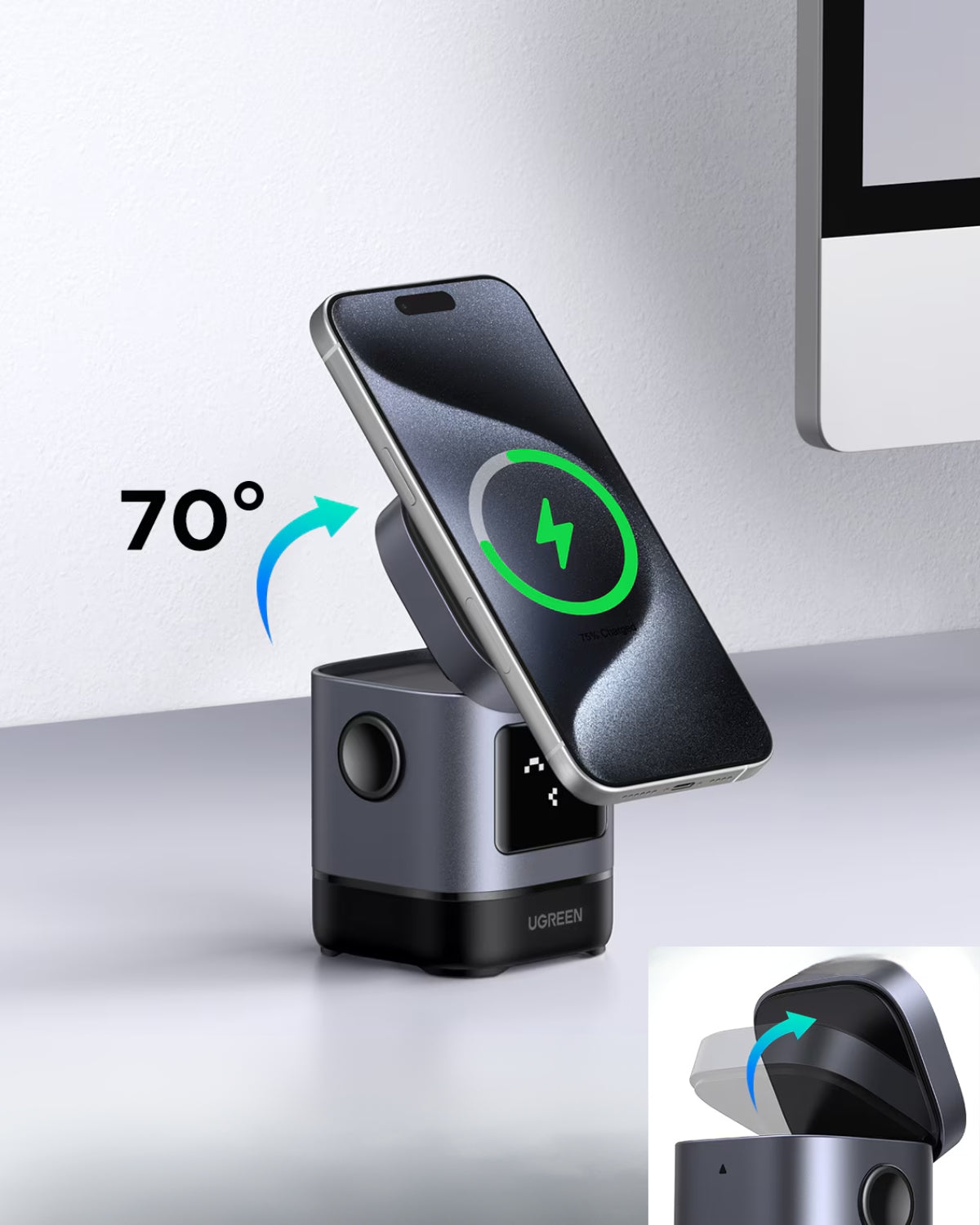 Încărcător USB-C Wireless Magnetic Ugreen Uno 2-în-1, Qi2, 15W, Bluetooth