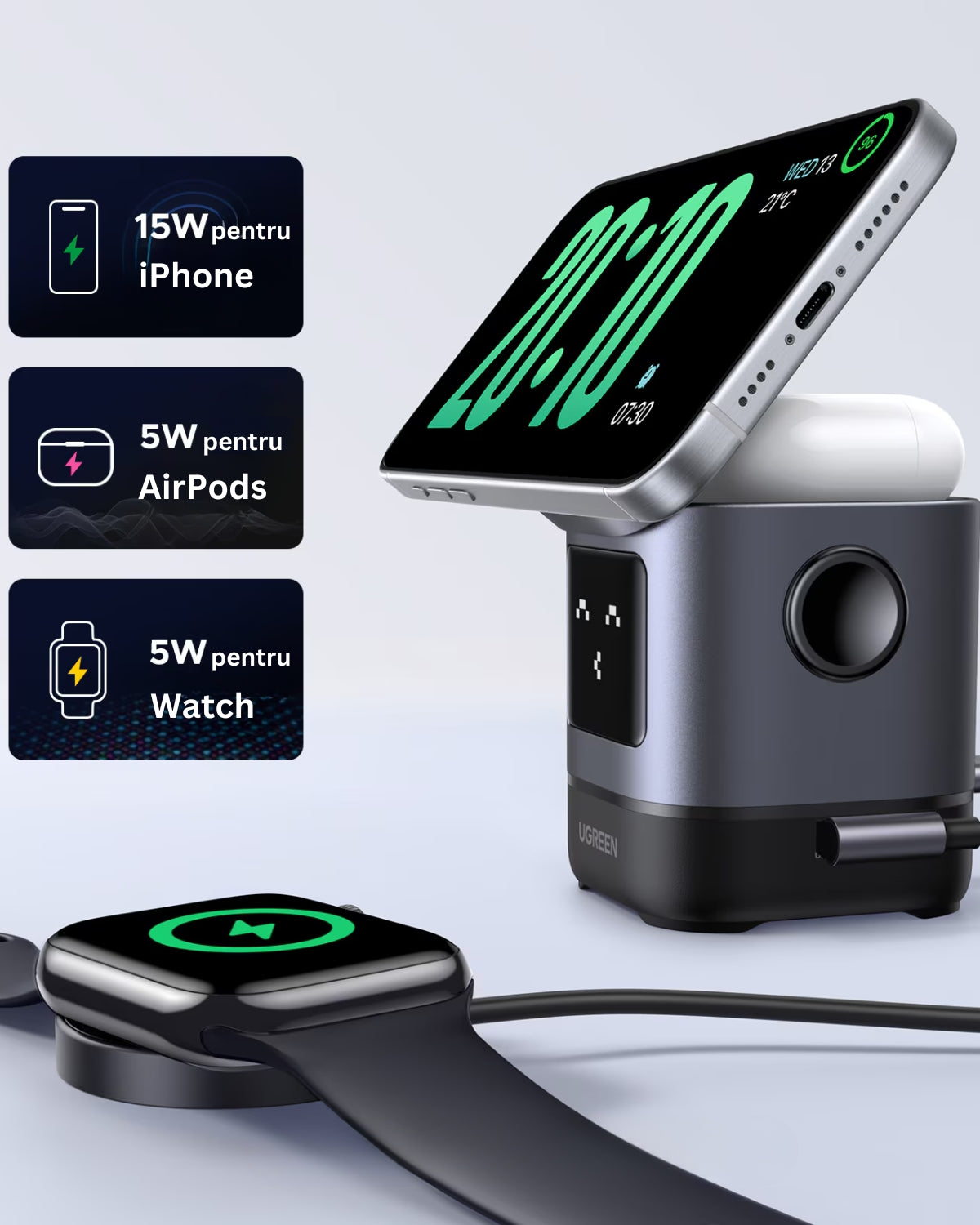 Încărcător USB-C Wireless Magnetic Ugreen Uno 2-în-1, Qi2, 15W, Bluetooth