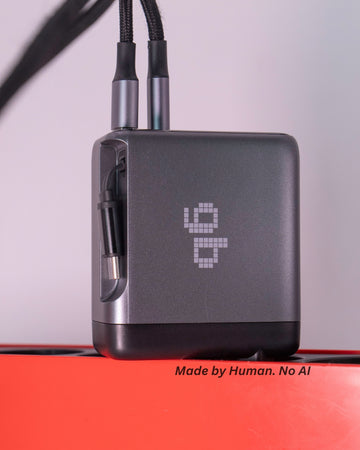 Încărcător GB 100W GaN, 2 x USB-C, 1 x USB-A, Afișaj LED, Fast Charge, Touch, Cablu USB-C 68cm  - Laptop, Telefon, Tabletă, Cablu Retractabil