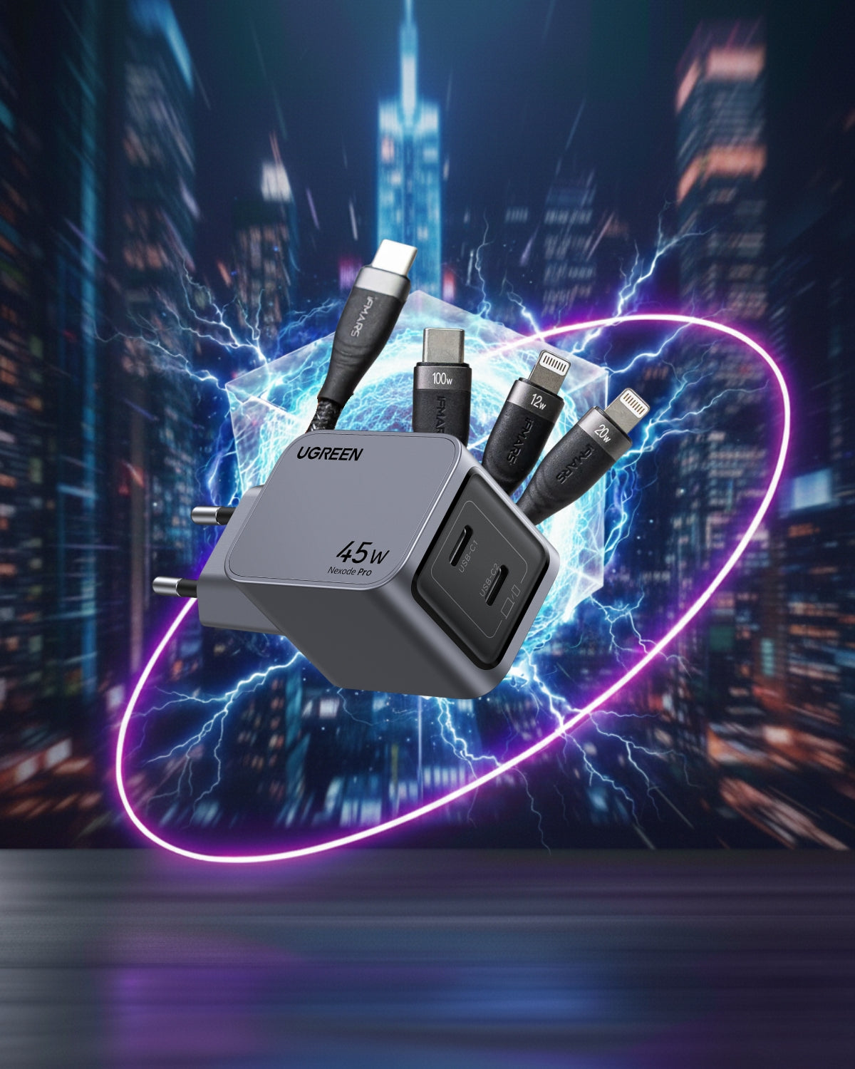 Pachet Încărcător 45W Ugreen + Cablu de Încărcare 3 în 1, USB-C la USB-C, 2 x Lightning, 2 Metri