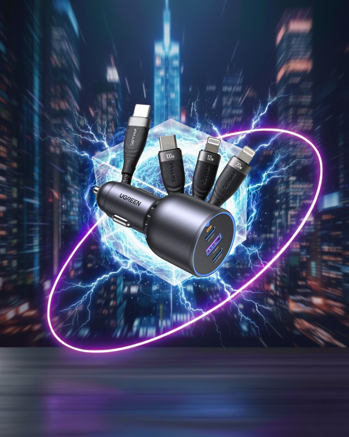 Pachet Încărcător 130W Ugreen + Cablu de Încărcare 3 în 1, USB-C la USB-C, 2 x Lightning, 2 Metri