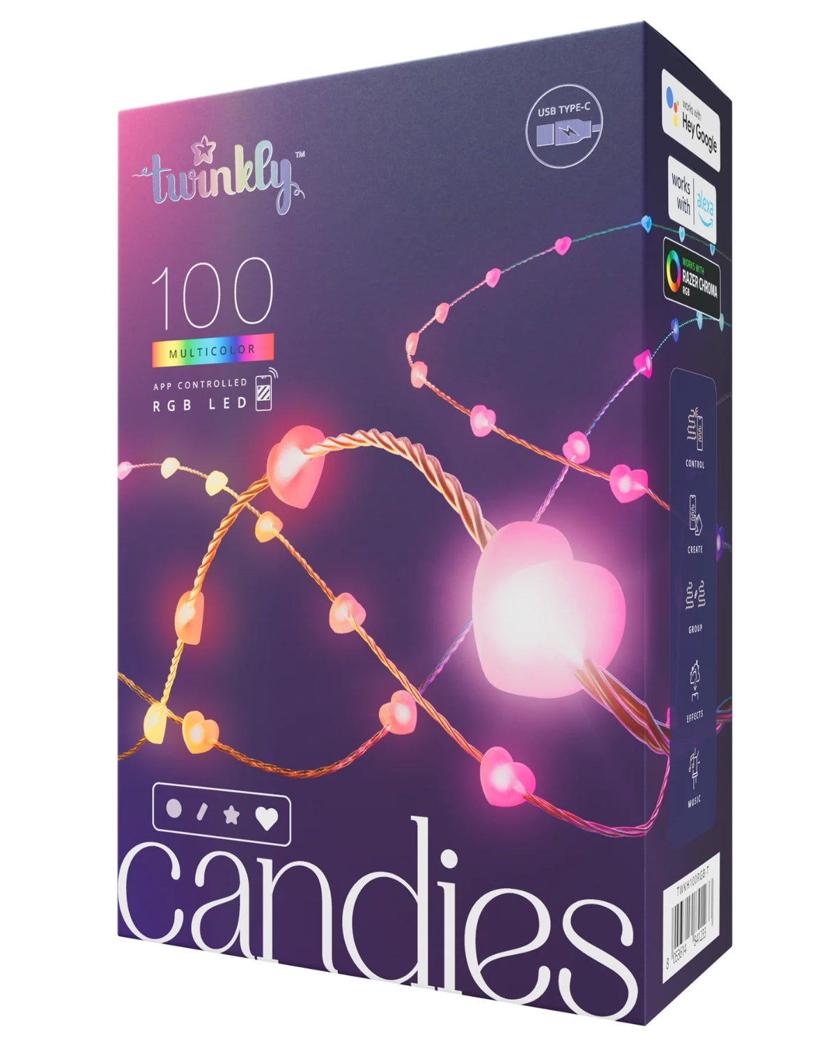 Instalație Smart 100 LED RGB Twinkly Candies Hearts, Bluetooth, Wi-Fi, USB-C, 6 m, IP20